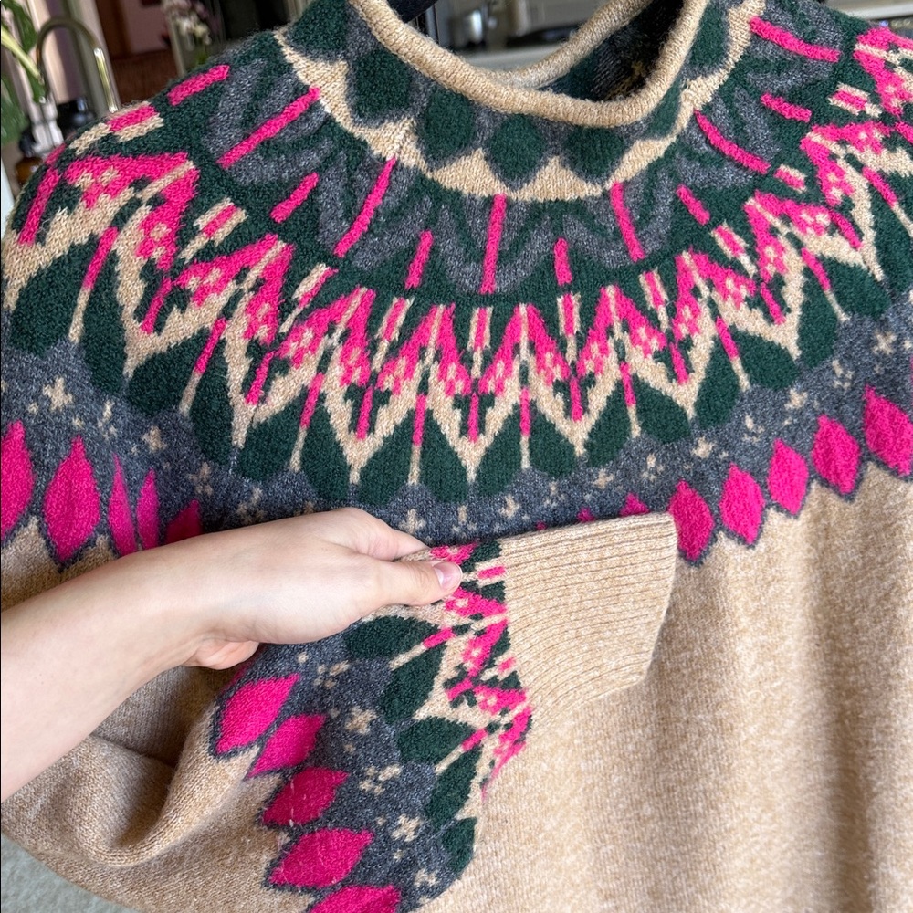 CeCe Beige Cowlneck Sweater with Pink & Dark Green Fair Isle Yoke - Picture 3 of 3
